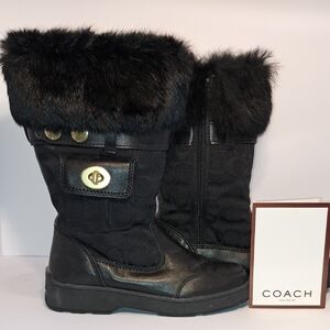 Coach Black Boots with Rabbit Fur Trim and Gold Hardware Pockets